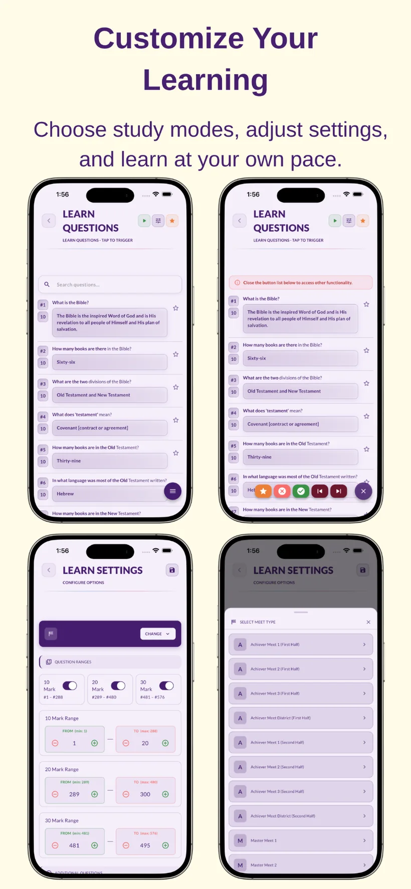 JBQ Companion Learn questions and learning settings screens
