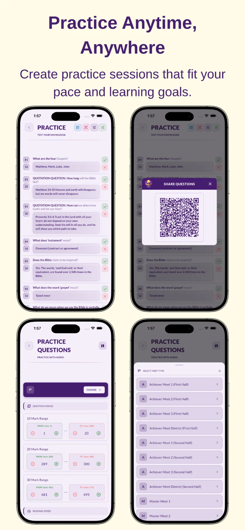 JBQ Companion Practice screen with random JBQ questions and QR sharing